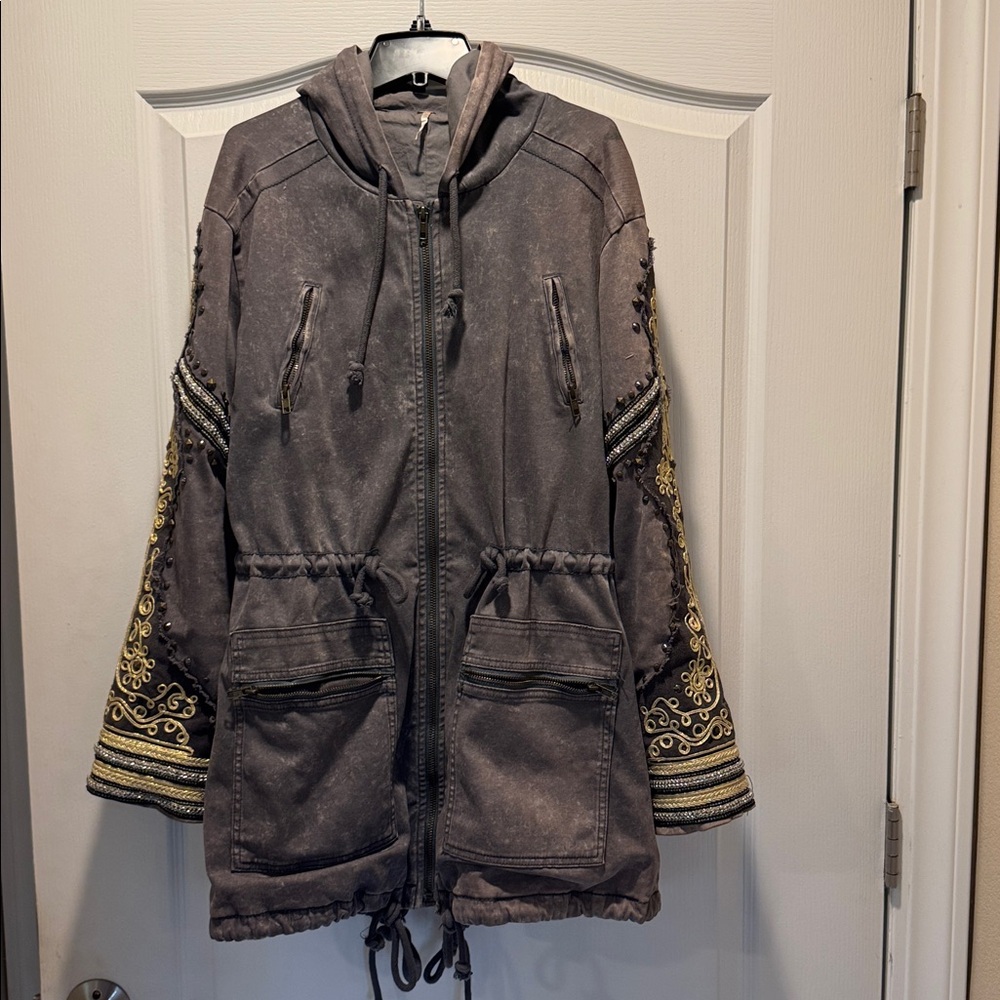 Free People Boho Embroidered Utility Jacket with Hood – Heavy Cotton Canvas